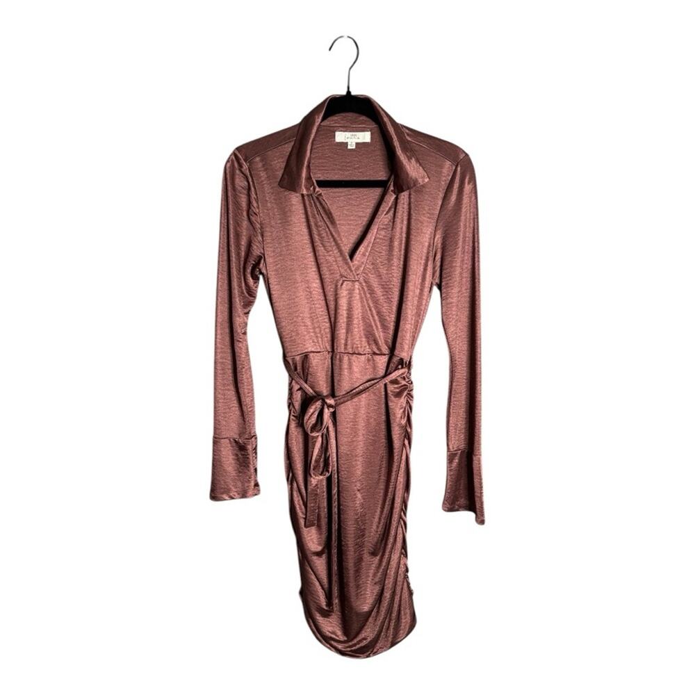 Louna Maroon Long Sleeve Belted Dress Ruching & Collared Neckline Small